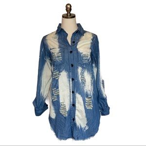 Thrill Jeans Tie Dye Distressed Denim Chambray Button Down Shirt S Y2K